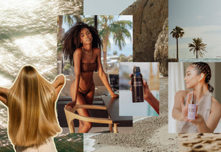 Collage of a woman on a beach, holding a shine squad bottle, and a braid balm bottlee and a scenic view of the ocean.