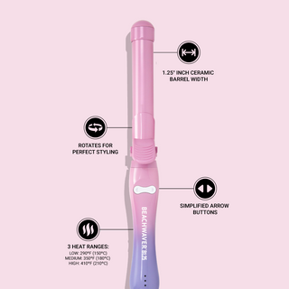 Beachwaver Pink Sunset B1 with benefits such as, 1.25" Ceramic Barrel Width, Rotates for Perfect Styling, Simplified Arrow Buttons, and 3 Heat Settings.