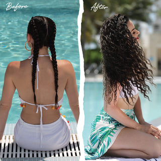 Before and after image of model who used braid balm and then styled her hair in braids and then took them out the next day and was left with wavey beachy textured hair