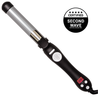 Image of black and gray Beachwaver S1.25 with black and white "five star certified second wave certified OpenBox tool" Badge