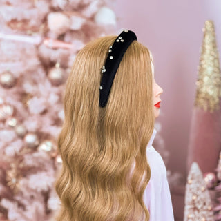 Image of mannequin with long strawberry blonde hair styled by a Beachwaver Hair Tool wearing a Black Rhinestone Cluster Velvet Headband.