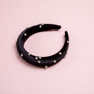 Rhinestone Cluster Velvet Headband - Black