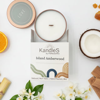 Island Amberwood Luxury Candle | 8oz Non-Toxic Soy Candle with Wooden Wick | Clean Burn