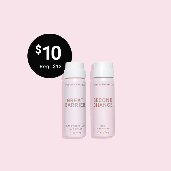 Image of travel size set of great barrier heat protected hairspray and second chance try shampoo with a bubble that says "$10 regular $12 