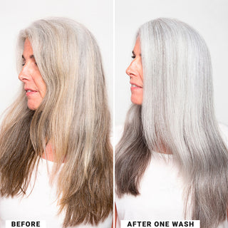 Image of before and after where model goes from having yellow toned brassiness in her grey hair to having bright whiteish grey hair in just one wash.