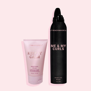 Image of Beachwaver® pink squeeze bottle of Keep It Calm Smoothing Cream and Black foam aerosol of Me & My Curls Creamy Mousse