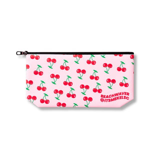 Pouch with cherry pattern and 'Beachwaver and @ITSMEKELSC' branding on a white background