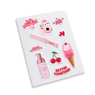 Sheet of colorful stickers with various designs on a white background