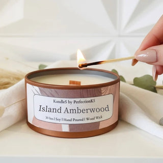 Island Amberwood Luxury Candle | 8oz Non-Toxic Soy Candle with Wooden Wick | Clean Burn