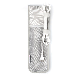 Image of The back of Grey storage pouch decorated with palm leaves with a mesh pocket and Velcro to hold the tools wire.