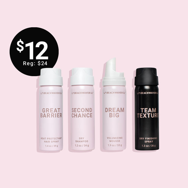 Image of travel set of hair care that includes travel sizes of great barrier heat protectant hairspray, second chance dryer shampoo, dream big volumizing mousse, and team texture dry finishing spray with a "$12, Reg: $24" Bubble