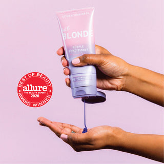image of Beachwavers BRB Blonde Purple Conditioner getting squeezed out into someones hand with the "Allure Best of Beauty" stamp on it.
