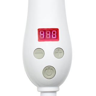 Close up picture of Beachwaver® S-Series white rotating curling iron LED temperature display, temperature controls and power button. 