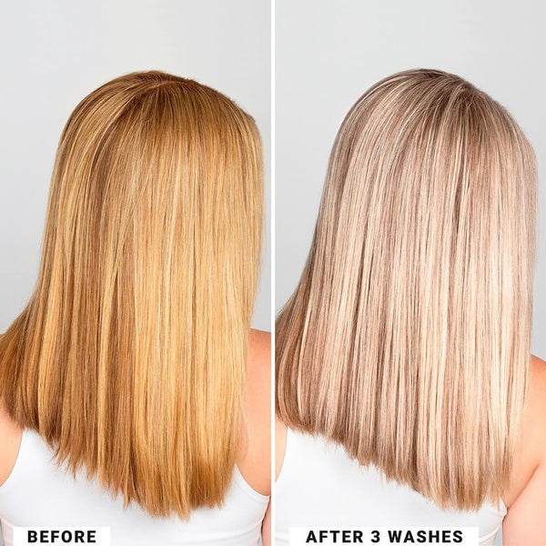 Before and after pictures of a women using BRB Blonde products. In first image she has brassy yellow toned hair and after 3 washes the image shows cool icy blonde.
