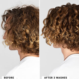 Image of a model before and after using the Beachwaver Stay Strong Reparative Shampoo and Conditioner for 3 washes where her hair goes from frizzy and messy curls to defined shiny curls.
