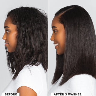 Image of a model before and after using the Beachwaver Stay Strong Reparative Shampoo and Conditioner for 3 washes where her hair goes from frizzy and messy to sleek and shiny.