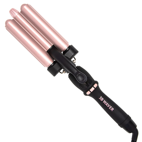 Image of Rose gold and black Beachwaver 3B Waver hair tool with three Barrels.