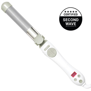 Image of gray and white Beachwaver S1.25 with black and white "five star certified second wave certified OpenBox tool" Badge