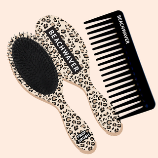 Image of the catwalk, cat print, onset brush front and back as well as the black white tooth Beachwaver comb.