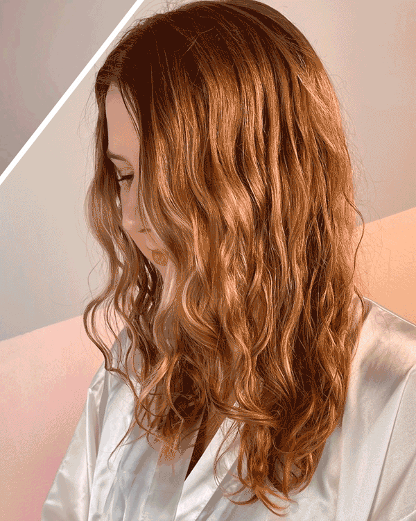 Gif of Model showing the before and after of using Beachwavers Dream Big Volumizing Mousse.