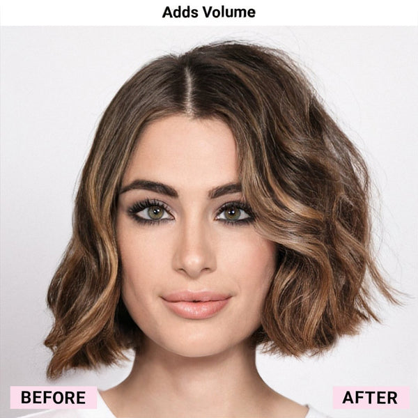 Image of brunette model with short hair showing a before and after where on the left side the second chance try shampoo is not added and her hair is flat and on the right side it is added in the hair has lots of texture.