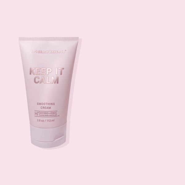Gif of Beachwavers Keep It Calm Smoothing Cream with benefits that include Moisturizes Hair, Adds Radiance, Reduces Frizz, and Strengthens Hair with Hix.