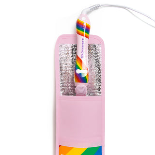 Image of a pink and rainbow Beachwaver storage pouch with a love b1 Beachwaver iron sticking out.