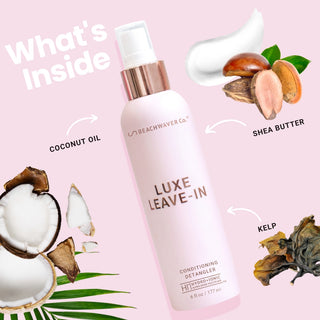 Image of Luxe Leave-In Conditioning Detangler with list of what's inside including coconut oil, shea butter, and kelp.