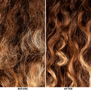 Image of before and after showing textured wavey hair that is frizzy and undefined before using Luxe Leave-In Conditioning Detangler but after its hydrated and smooth.