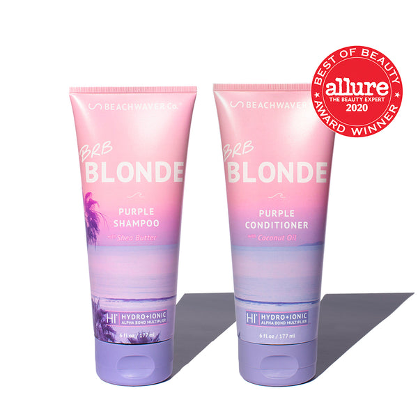 Photo of Beachwavers BRB Blonde Purple Shampoo and Conditioner with the "Allure Best of Beauty" stamp on it.  