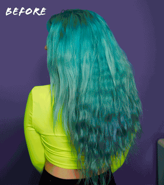 Before and after GIF of model with teal hair showing how her hair looks natural versus styled with an ocean ombre B1 curling iron