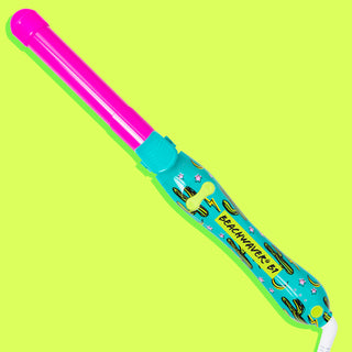 Image of pink and teal with cactus and lightning bolt patterned neon Beachwaver B1 on green background