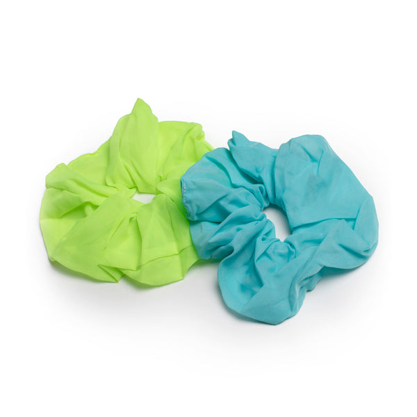 Image of oversize scrunchies in the colors neon blue and neon green.