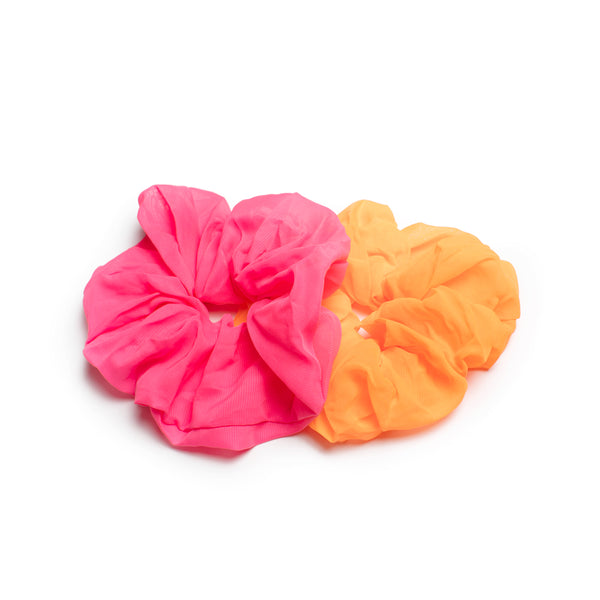 Image of neon oversize scrunchies in the colors neon pink and neon orange.