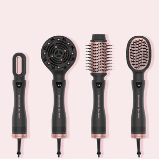 Picture of Beachwaver Midnight Rose Blow Brush with attachments (from left to right) dryer, diffuser, round brush, smoothing brush.