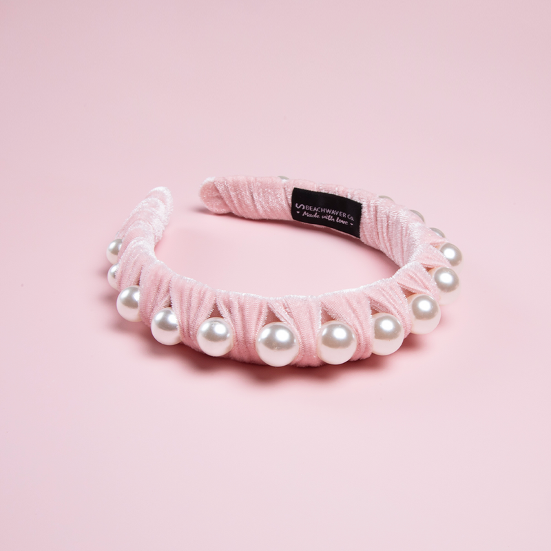 Faux Pearl Velvet Headband Light Pink The Beachwaver Co