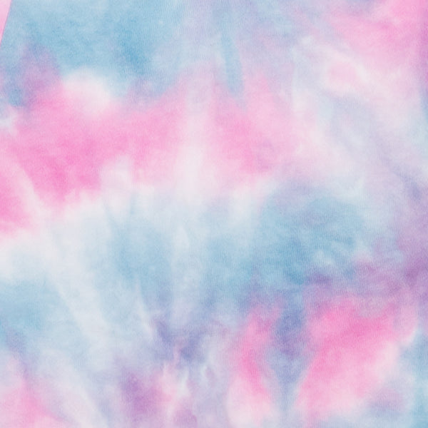 Up close image of pink and blue tie-dye pattern.