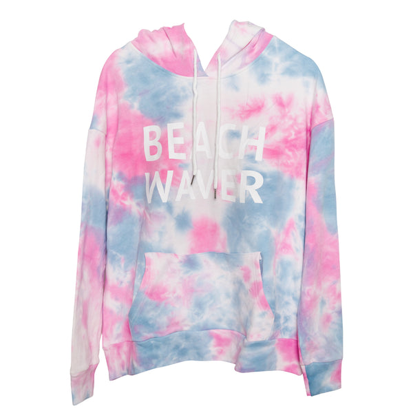 image of pink and blue tie-dye Beachwaver sweatshirt with the Beachwaver logo in the center.
