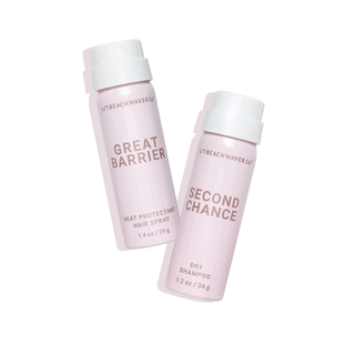 Gif of great barrier heat protected hairspray and a second chance Dry shampoo that shows the benefits of both those being protects and holds and refreshes and absorbs oil.