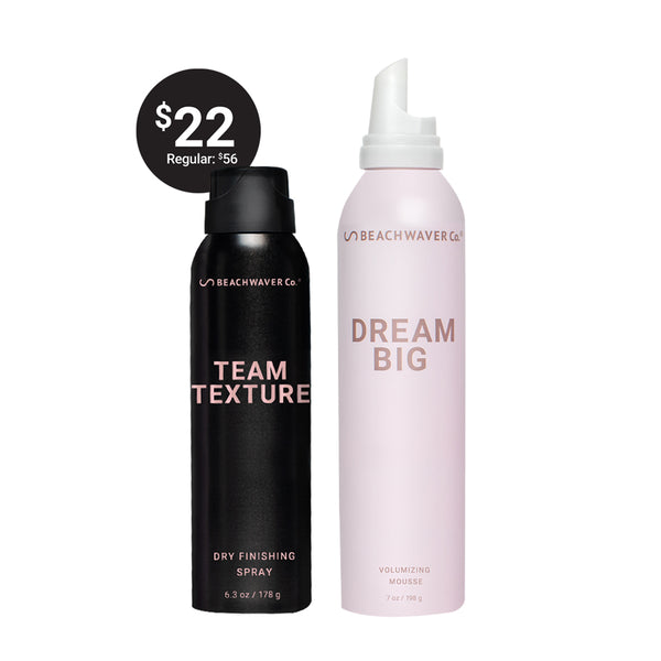 Photo of Beachwavers Team Texture Dry Finishing Spray and Dream Big Volumizing Mousse with a Sale bubble that reads "$22, Regular: $56"