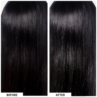 Before and after image of dark hair that on the left does not have the shine spray applied but on the right does.