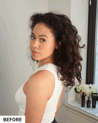 Photos of model in white tee. Model has dry frizzy hair. Model then dispenses Me N My curls mousse into hand. SHe then scrunches a section of hair. Model after shot shows modesl curly hair defined, shiny and with lots of volume.