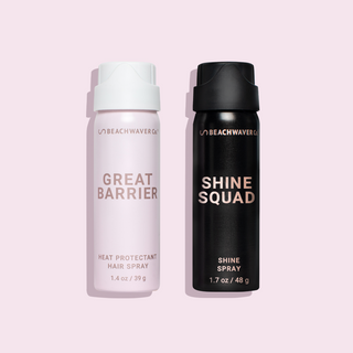 Image of travel sized great barrier heat protectant hair spray and shine squad shine spray. 